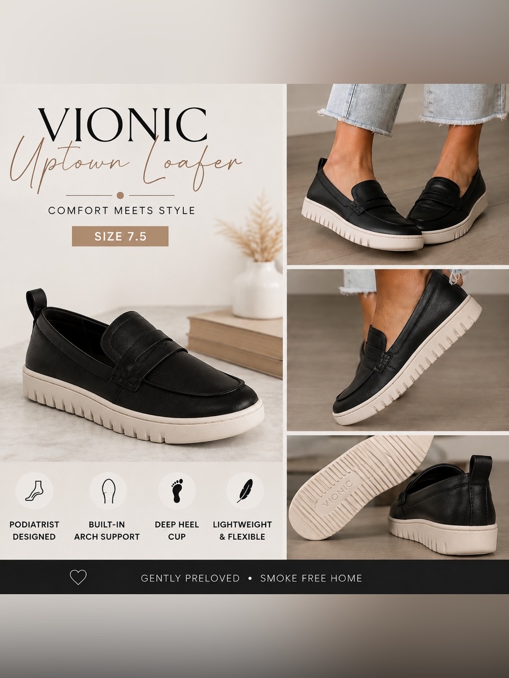 Vionic Uptown Loafer Slip-On Sneakers in Black with Cream Sole